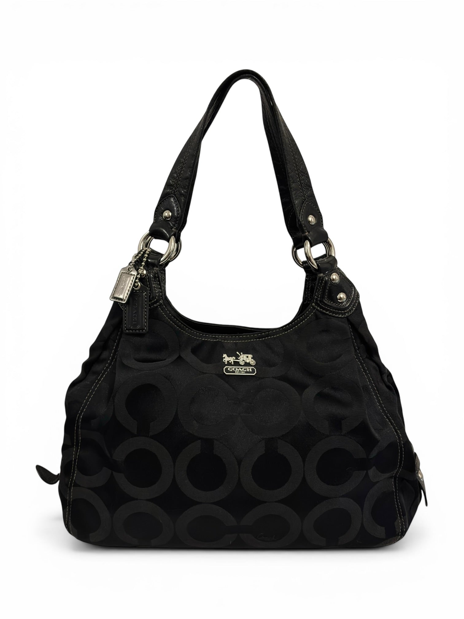 Coach Black Madison Maggie OP Art Canvas Satin & Leather Signature Shoulder Bag