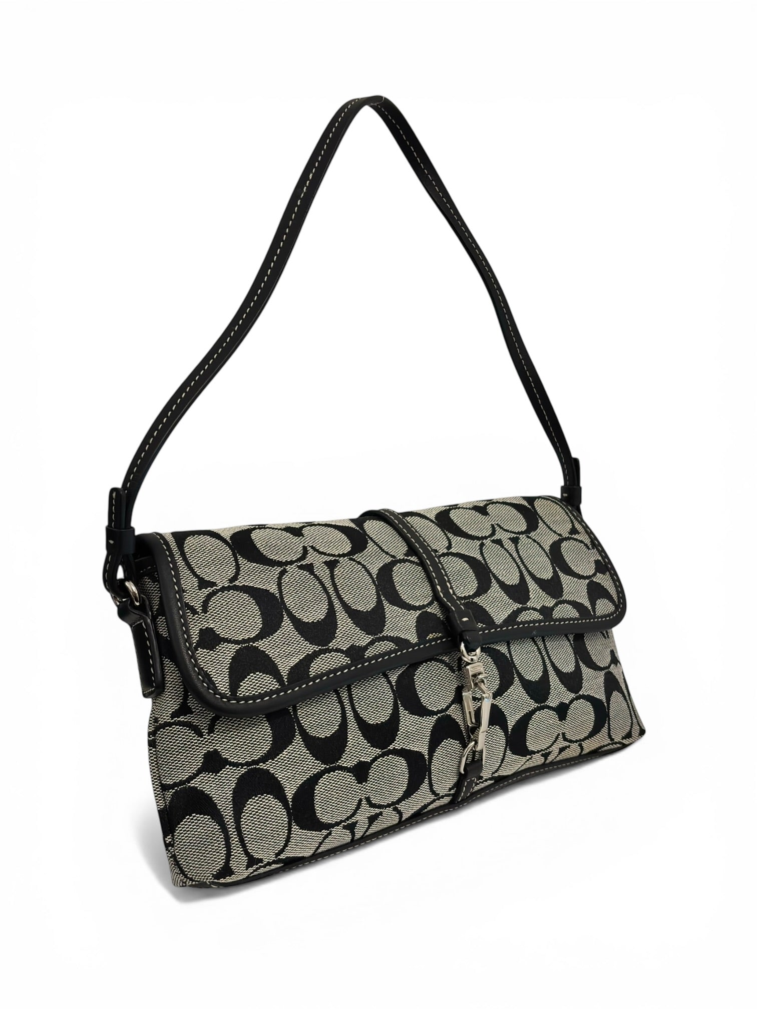 Coach Black & Grey Signature Hampton Clip Canvas & Leather 2000's Shoulder Bag