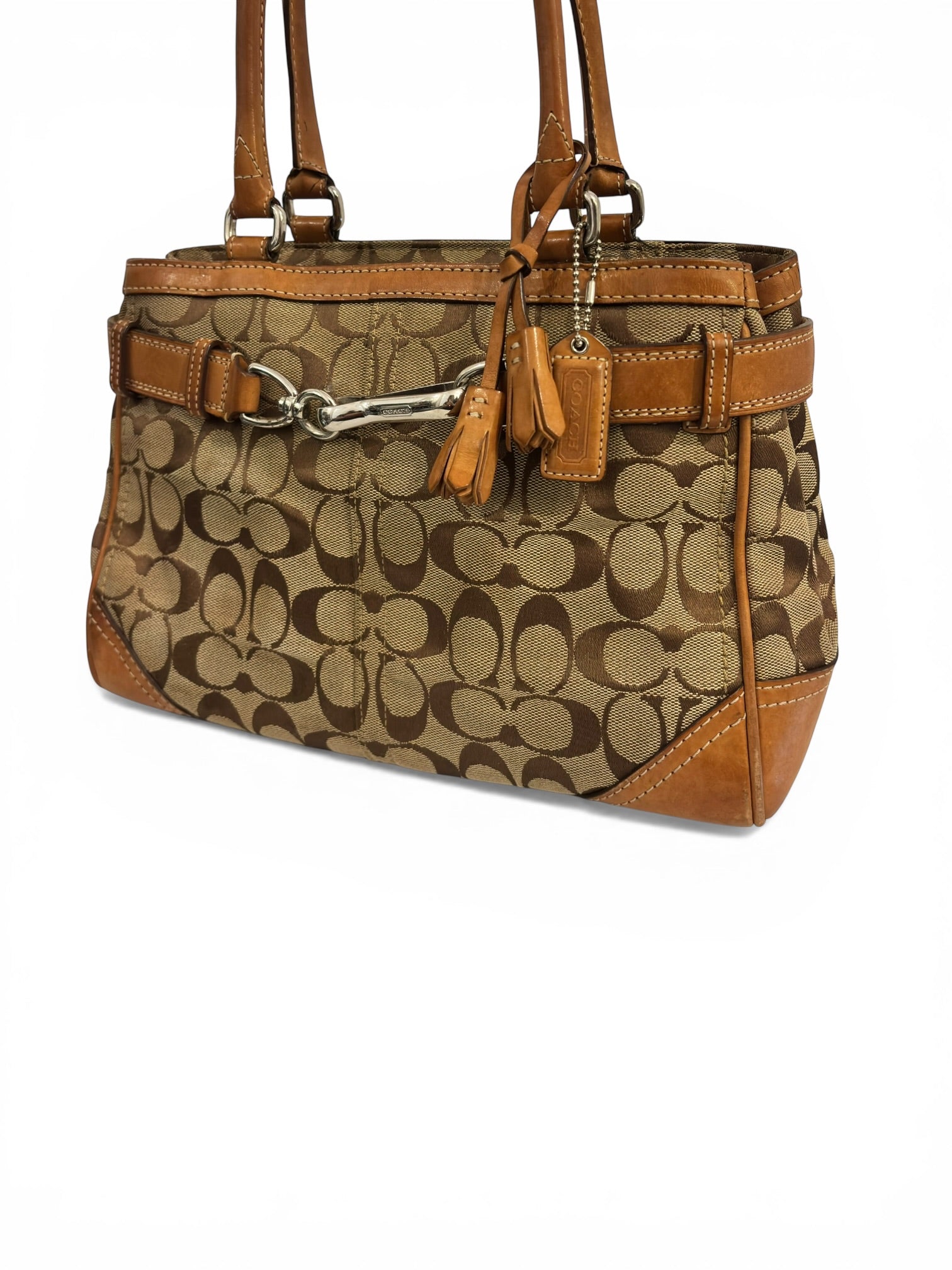 Coach Brown Hampton Clip Signature Canvas & Leather Vintage Tassle Tote Shoulder Bag