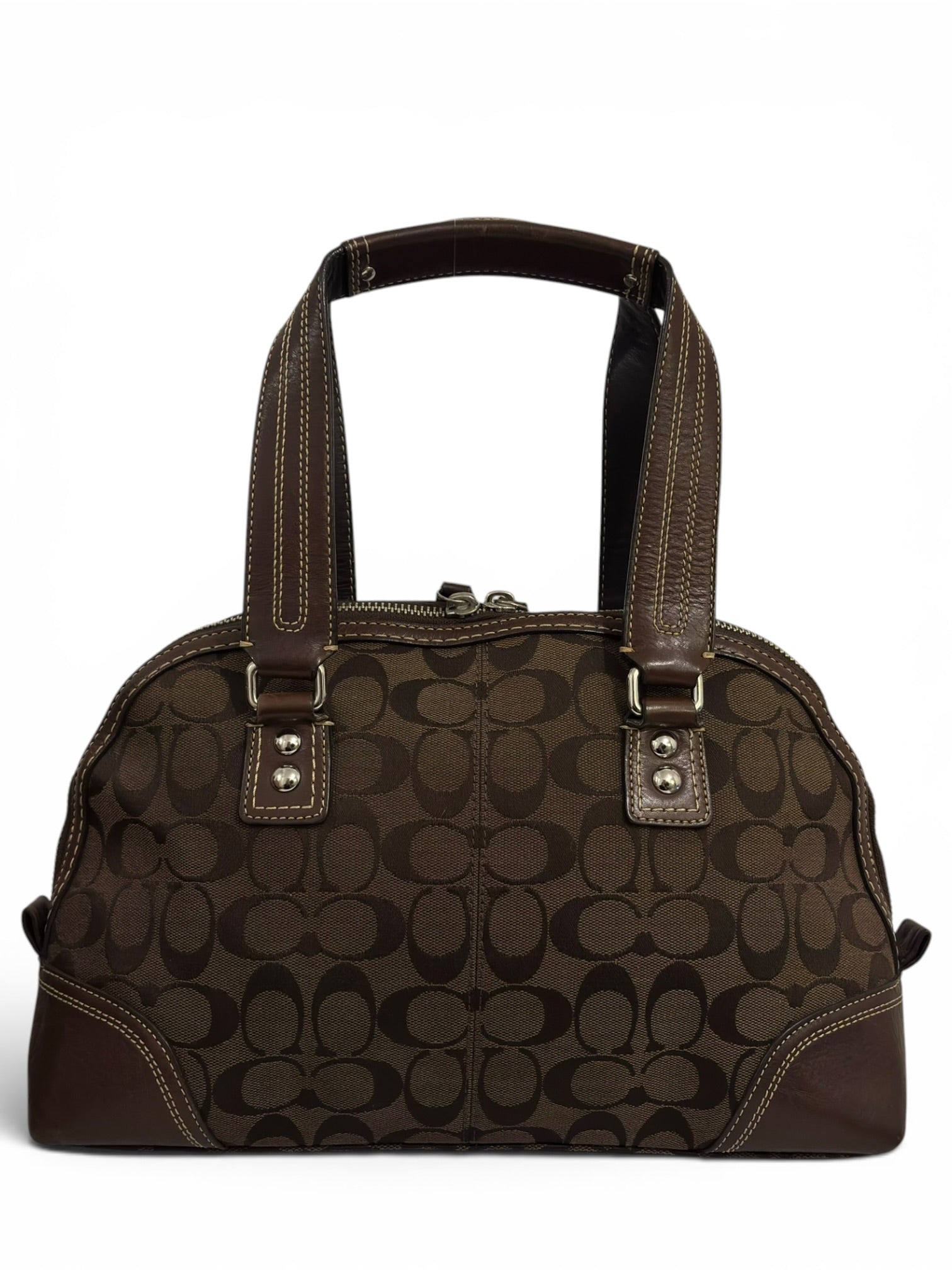 Coach Dark Brown Chocolate Signature Hamptons
Canvas & Leather Dome Shoulder Bag