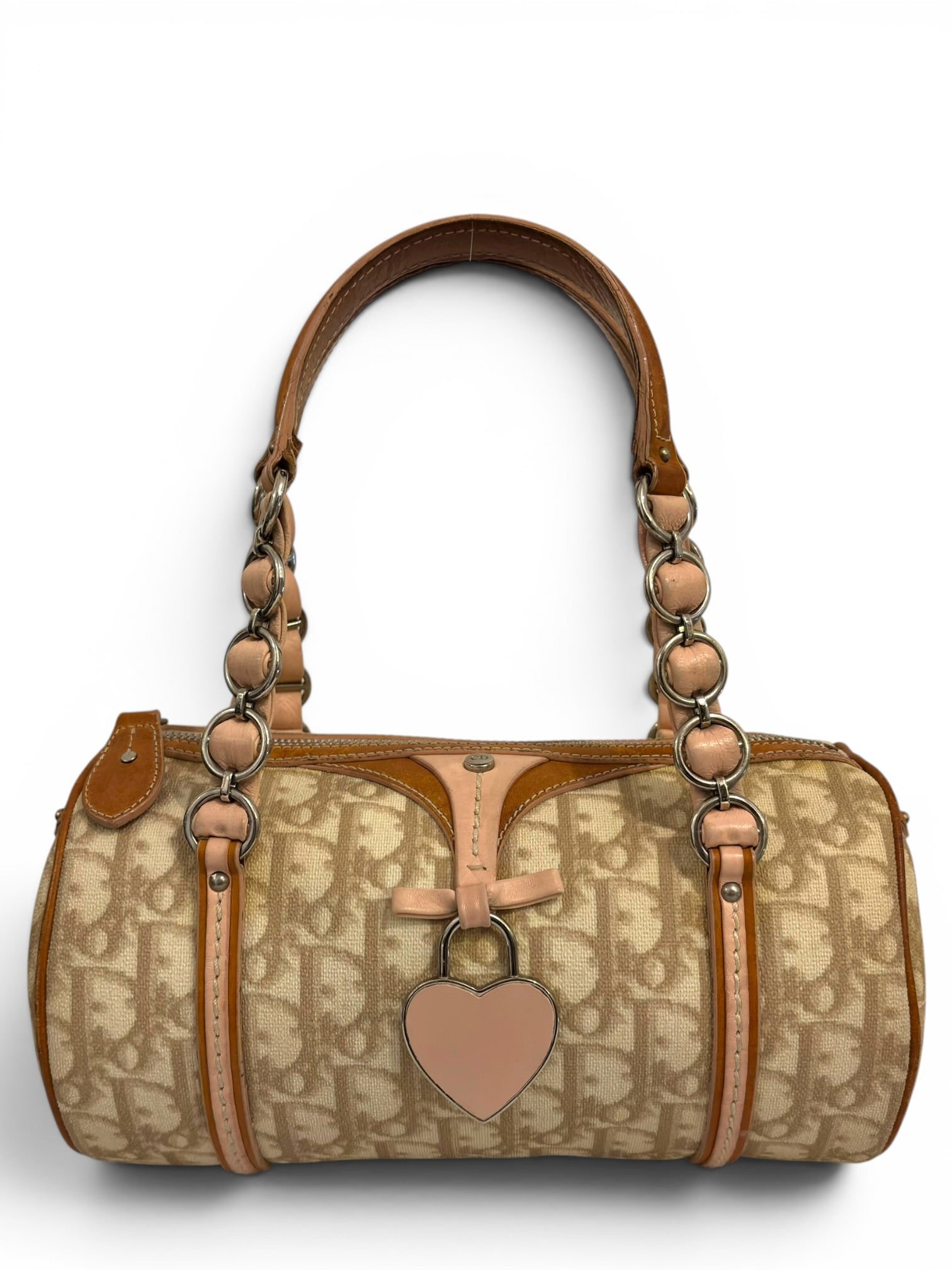 Christian Dior Rare Romantique Trotter Barrel Pink & Brown Heart Charm Galliano Vintage Shoulder Bag