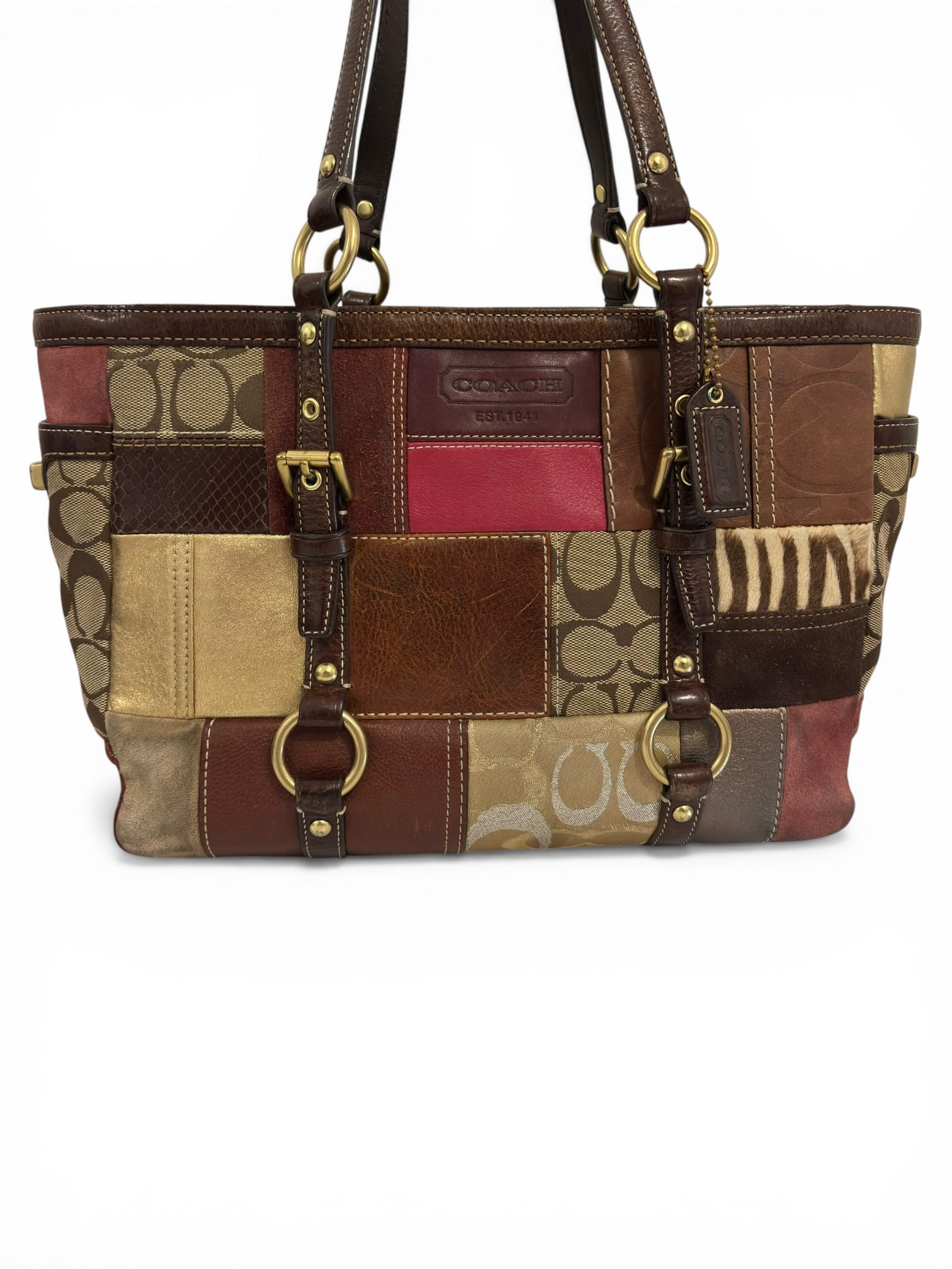 Coach Rare Limited Edition Holiday Legacy Pony Hair Patchwork Brown Red Tote Shoulder Bag