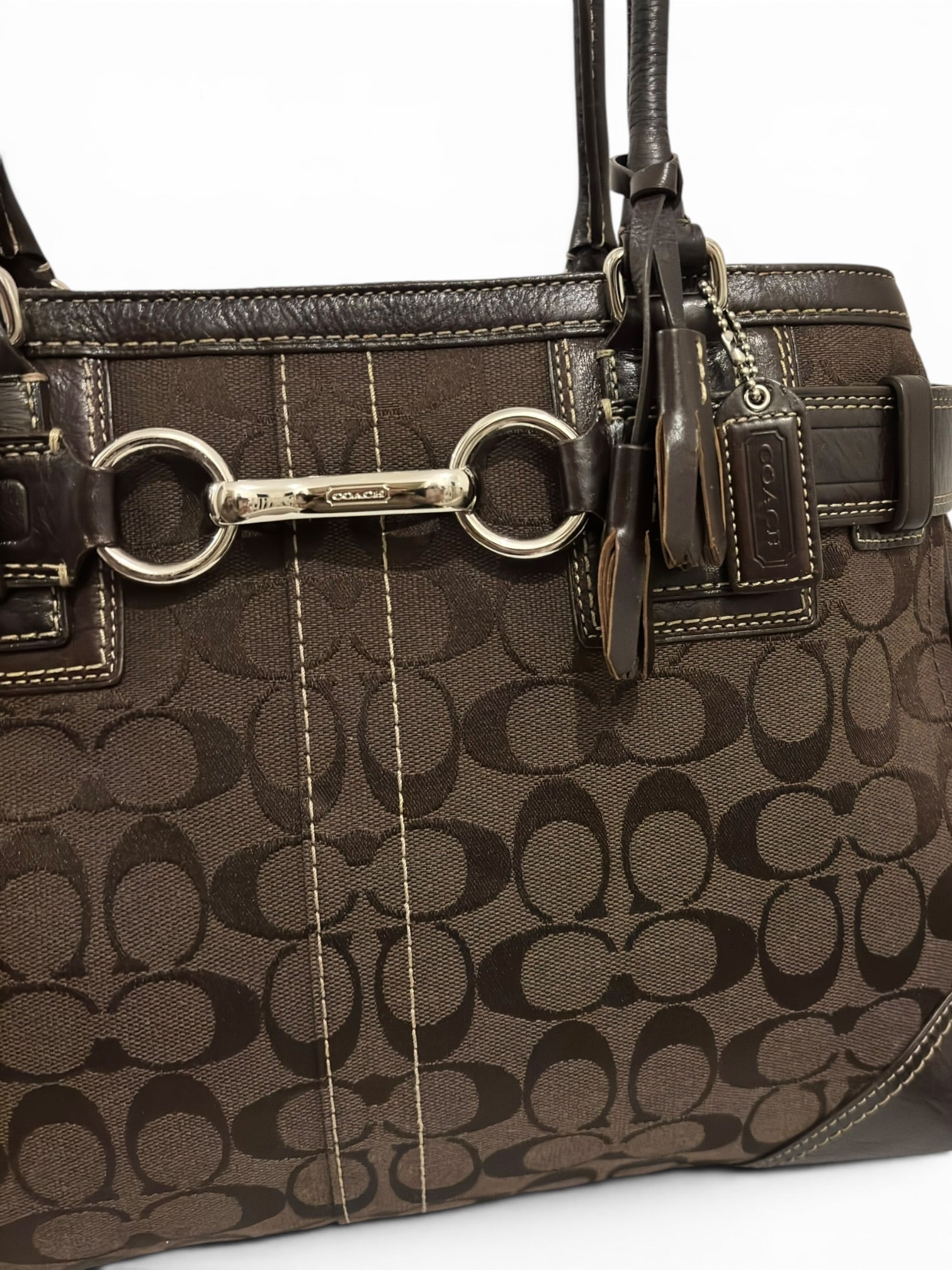 Coach Chocolate Brown Hamptons Signature Canvas & Leather Large Vintage Clip Tote Shoulder Bag