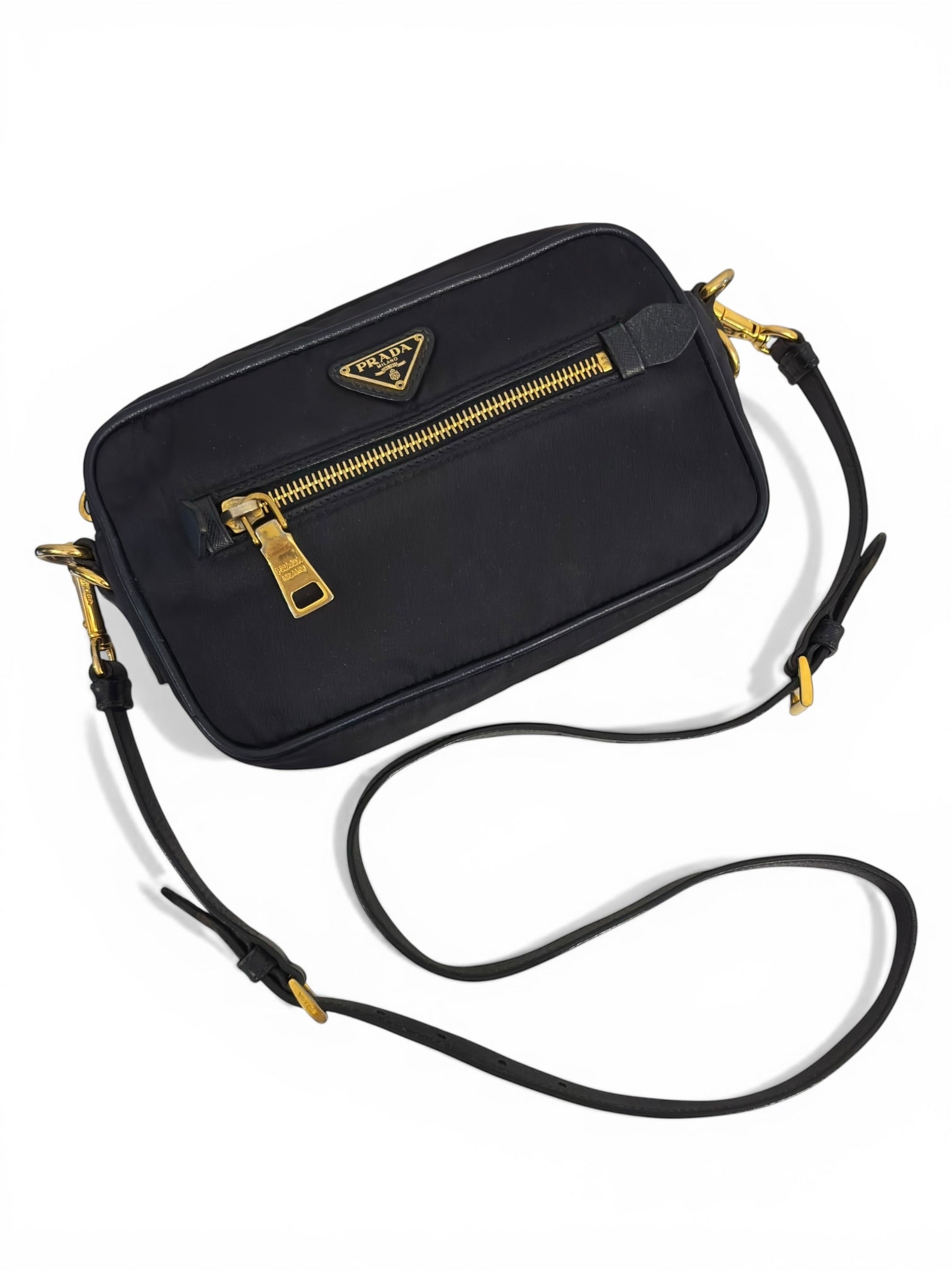 Prada Tessuto Navy Blue Nylon & Saffiano Leather Front Pocket Vintage Crossbody Camera Bag