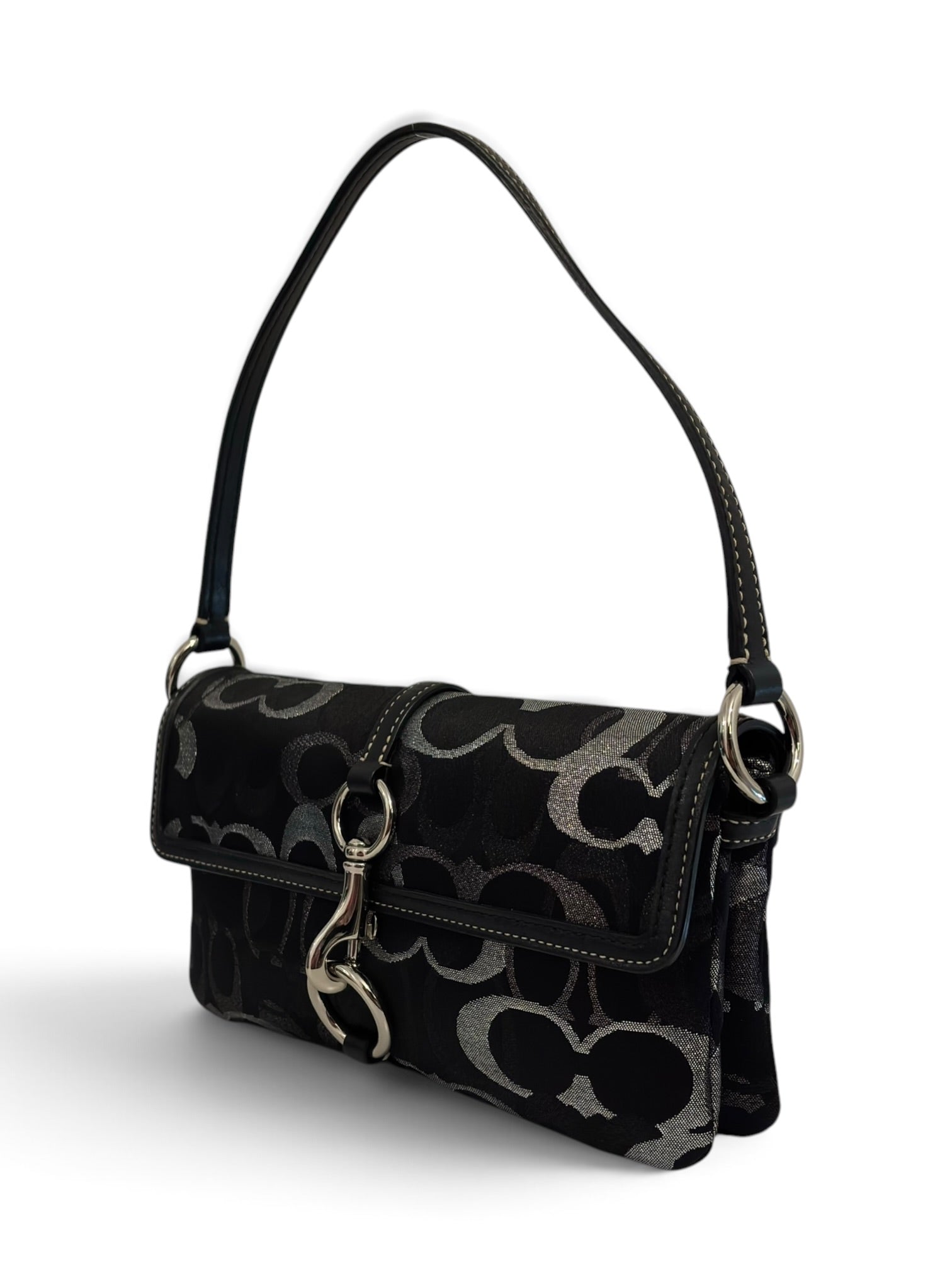 Vintage Coach Hamptons Bag Optic Lurex Signature Demi Clip Black & Silver Sateen Shoulder Bag 10455