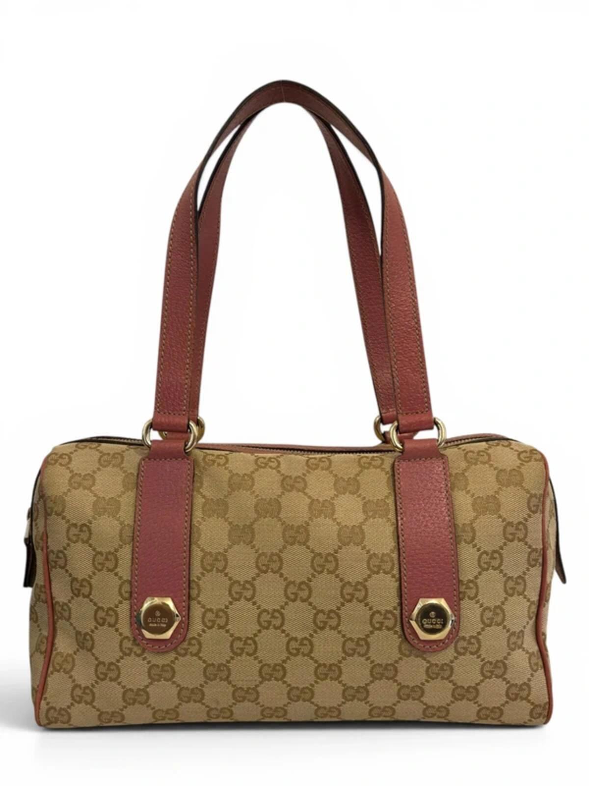 Gucci GG Brown / Beige & Pink Charmy Boston Canvas & Leather Vintage Shoulder Bag