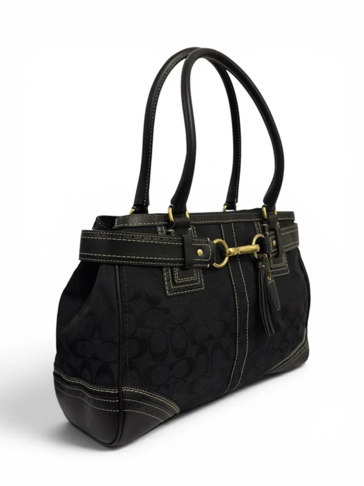 Coach Large Black Hampton Canvas & Leather Clip Tassel Belted Tote Shoulder Bag