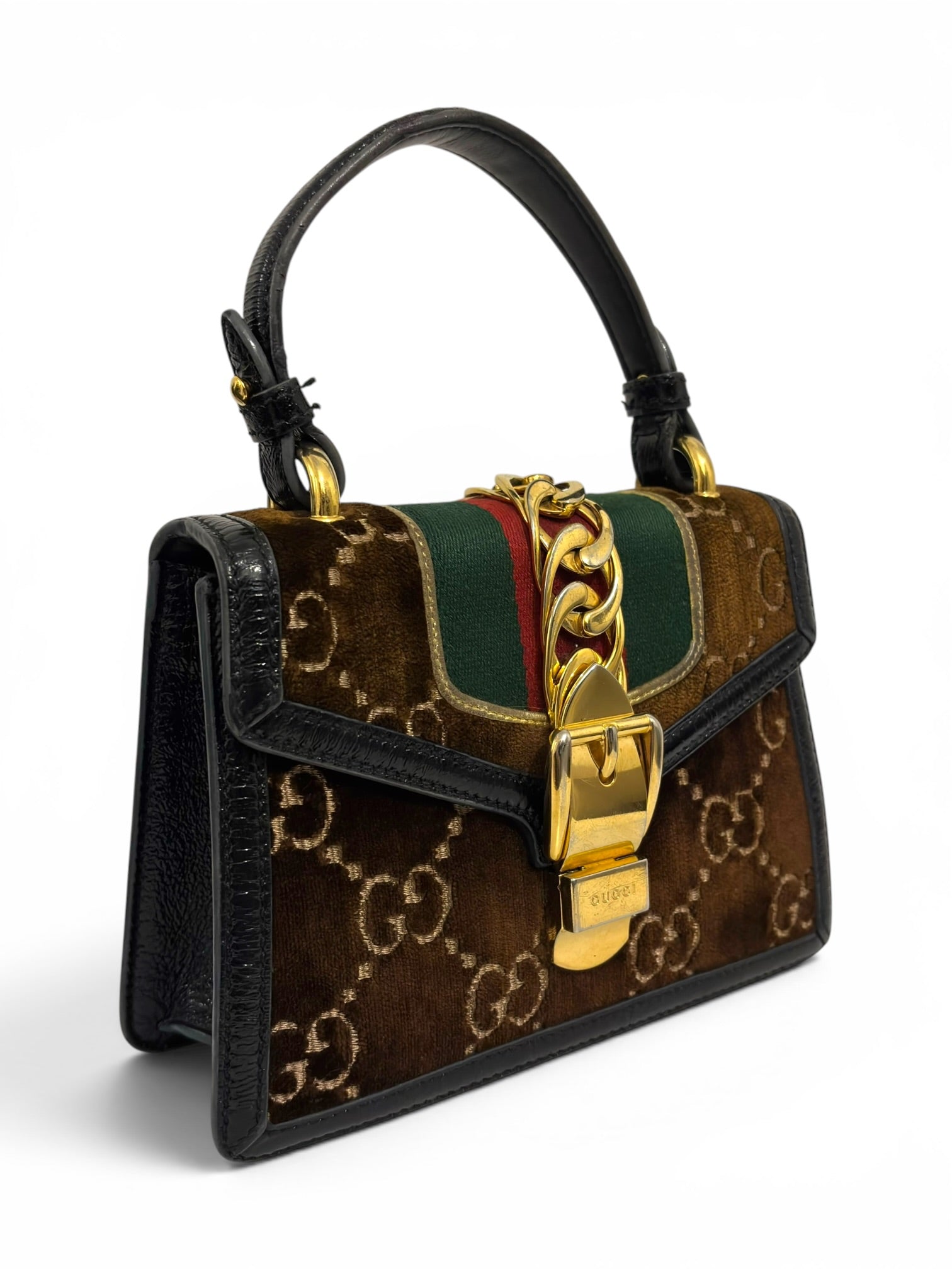 Gucci Sylvie Rare Mini GG Velvet Brown Web Stripe
Gold Hardware 493075 Top Handle Bag