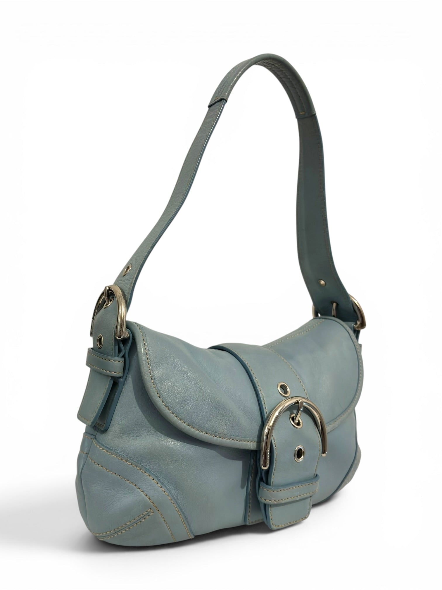 Coach Baby / Sky Blue Soft Leather Soho Buckle
Flap Vintage Hobo Shoulder Bag