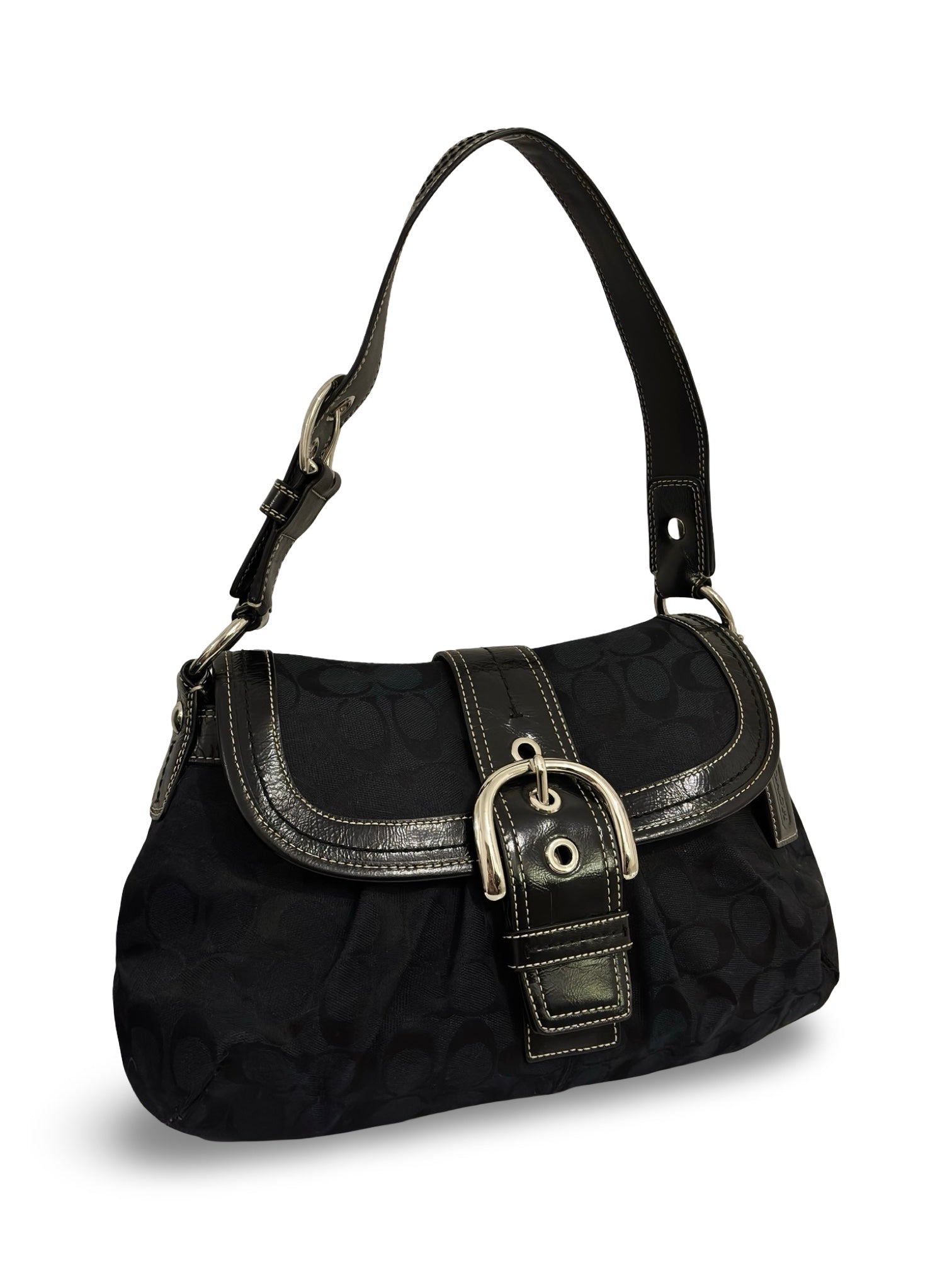 Coach Black ‘Soho’ Signature Canvas & Patent Leather Vintage Buckle Shoulder Bag