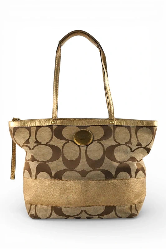 Coach Brown & Gold Metallic Signature Stripe Tote Shoulder Bag