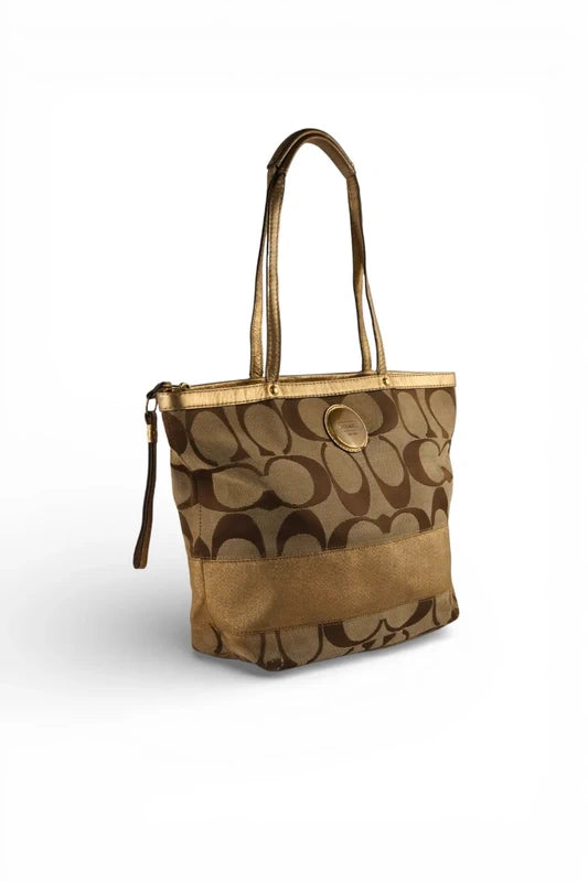 Coach Brown & Gold Metallic Signature Stripe Tote Shoulder Bag