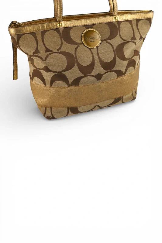 Coach Brown & Gold Metallic Signature Stripe Tote Shoulder Bag