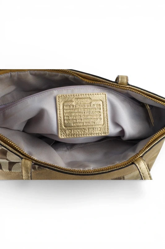 Coach Brown & Gold Metallic Signature Stripe Tote Shoulder Bag