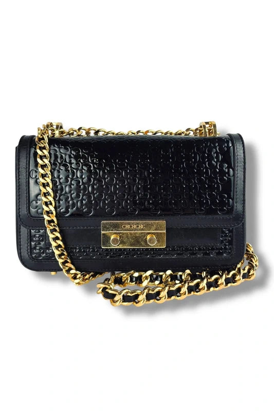 Carolina Herrera CH Black & Gold Leather Flap Chain Crossbody Bag