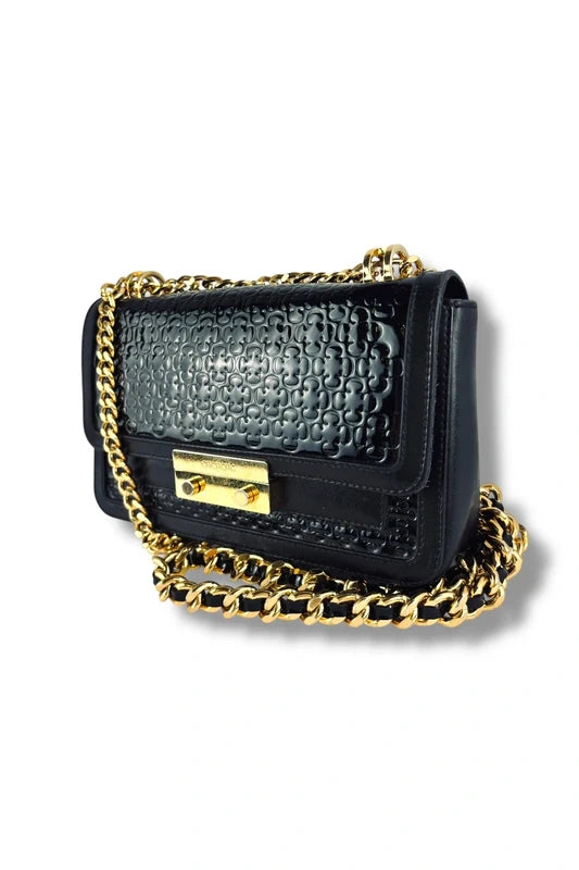 Carolina Herrera CH Black & Gold Leather Flap Chain Crossbody Bag