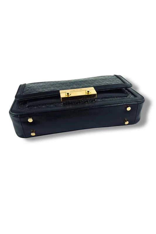 Carolina Herrera CH Black & Gold Leather Flap Chain Crossbody Bag