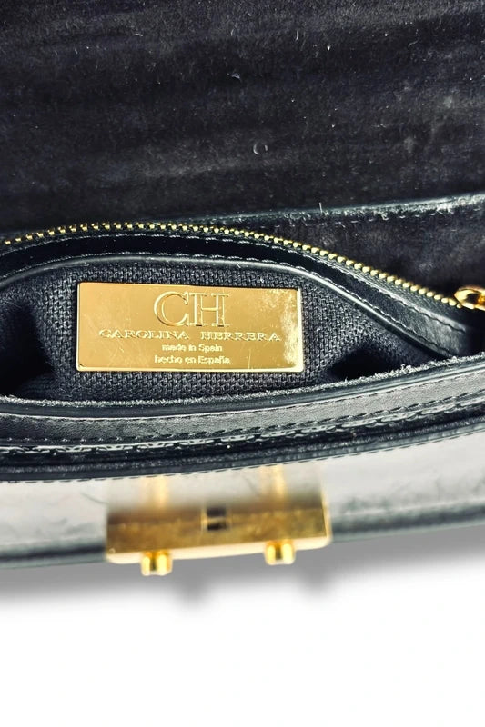 Carolina Herrera CH Black & Gold Leather Flap Chain Crossbody Bag