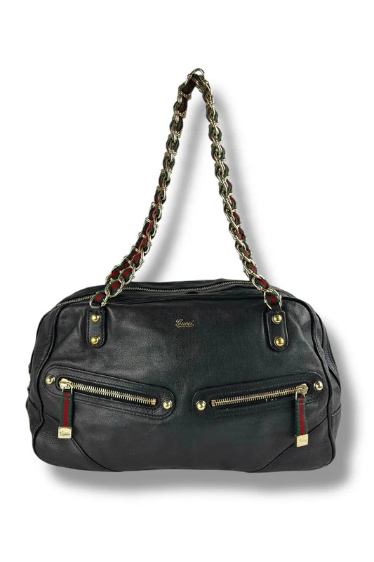 Gucci Black Leather Green & Red Vintage Web Chain Prince Boston Shoulder Bag
