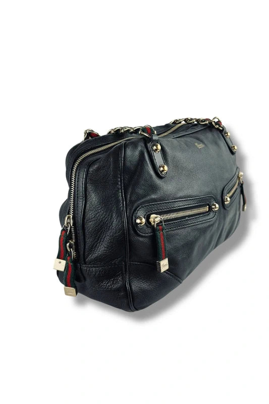 Gucci Black Leather Green & Red Vintage Web Chain Prince Boston Shoulder Bag