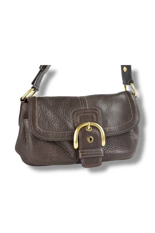 Coach Dark Brown Soho Gold Buckle Double Pocket Pebbled Leather Vintage Shoulder Bag
