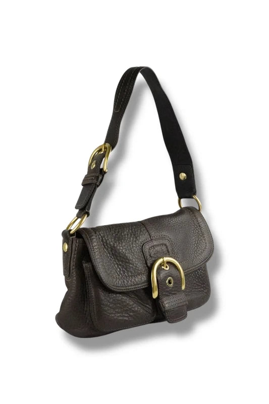 Coach Dark Brown Soho Gold Buckle Double Pocket Pebbled Leather Vintage Shoulder Bag