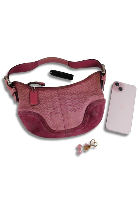 Coach Pink Signature Soho Canvas & Suede Hobo Shoulder Bag