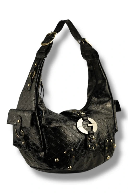 Guess Black Studded Silver Croc / Snake Animal Print Embossed Leather PVC Hobo Shoulder Bag
