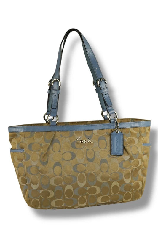 Coach East West Gallery Signature Sateen Canvas & Leather Blue & Beige / Brown Tote Shoulder Bag