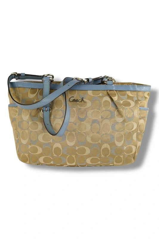 Coach East West Gallery Signature Sateen Canvas & Leather Blue & Beige / Brown Tote Shoulder Bag