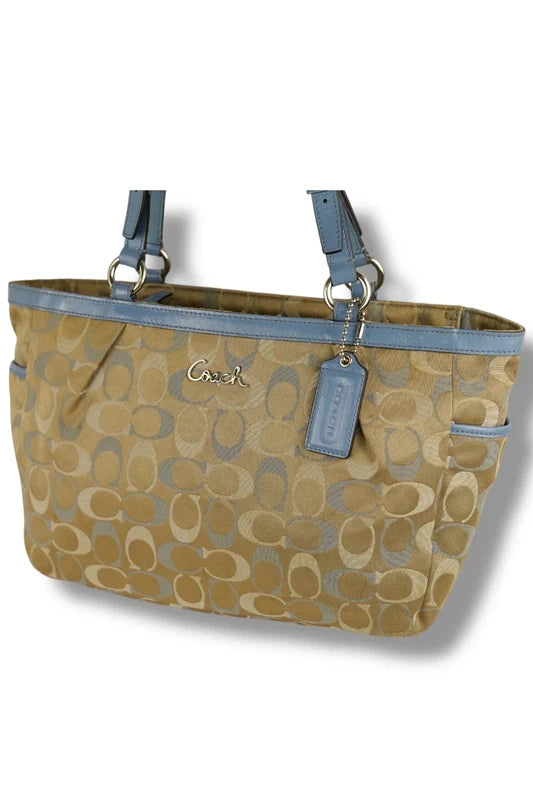 Coach East West Gallery Signature Sateen Canvas & Leather Blue & Beige / Brown Tote Shoulder Bag