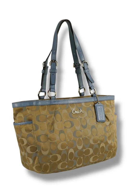 Coach East West Gallery Signature Sateen Canvas & Leather Blue & Beige / Brown Tote Shoulder Bag