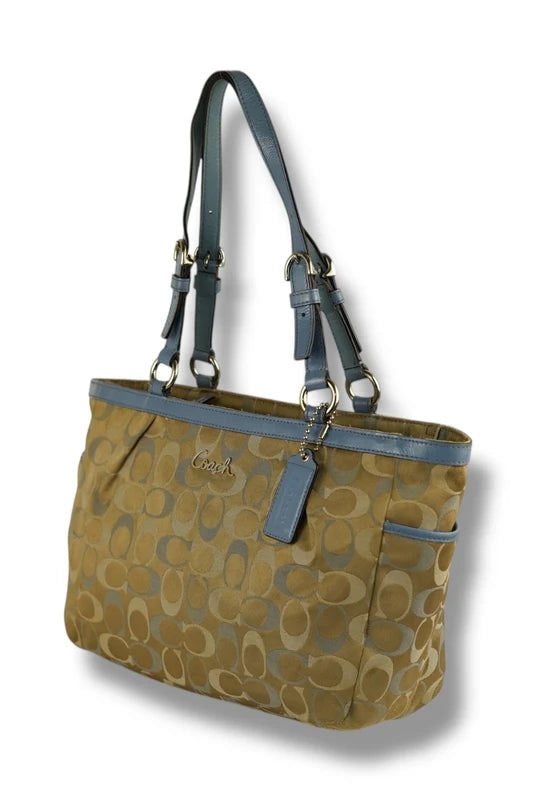 Coach East West Gallery Signature Sateen Canvas & Leather Blue & Beige / Brown Tote Shoulder Bag