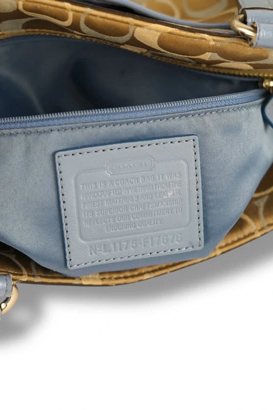 Coach East West Gallery Signature Sateen Canvas & Leather Blue & Beige / Brown Tote Shoulder Bag