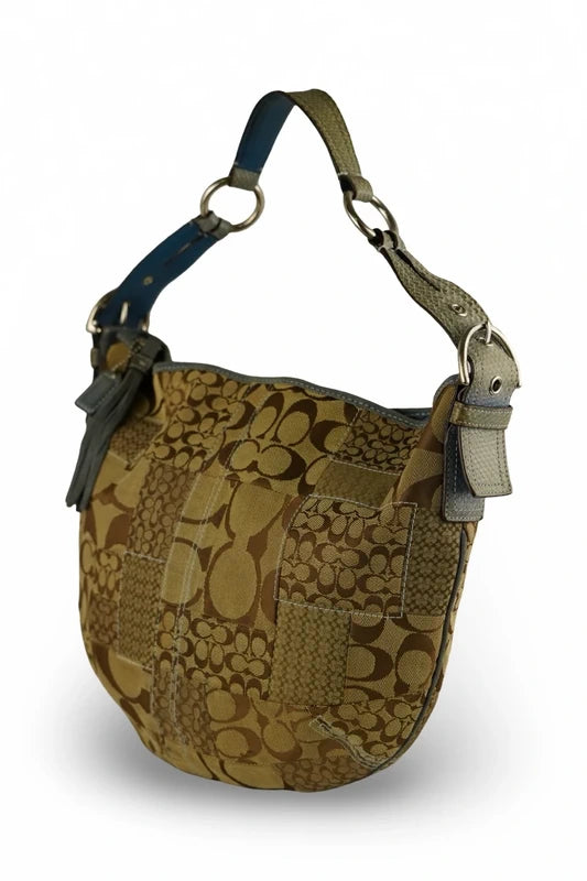 Coach Signature Patchwork Hobo Bag Brown & Blue Leather Snake Print Shoulder Bag