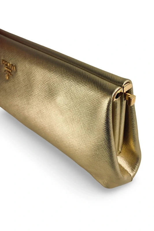 Prada Gold (Platino) Saffiano Lux Leather Metallic Clutch Evening Bag
