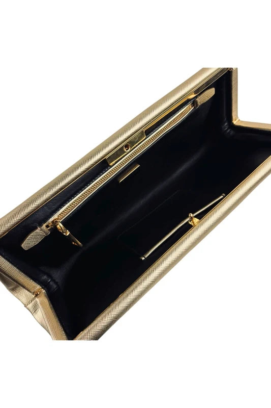 Prada Gold (Platino) Saffiano Lux Leather Metallic Clutch Evening Bag
