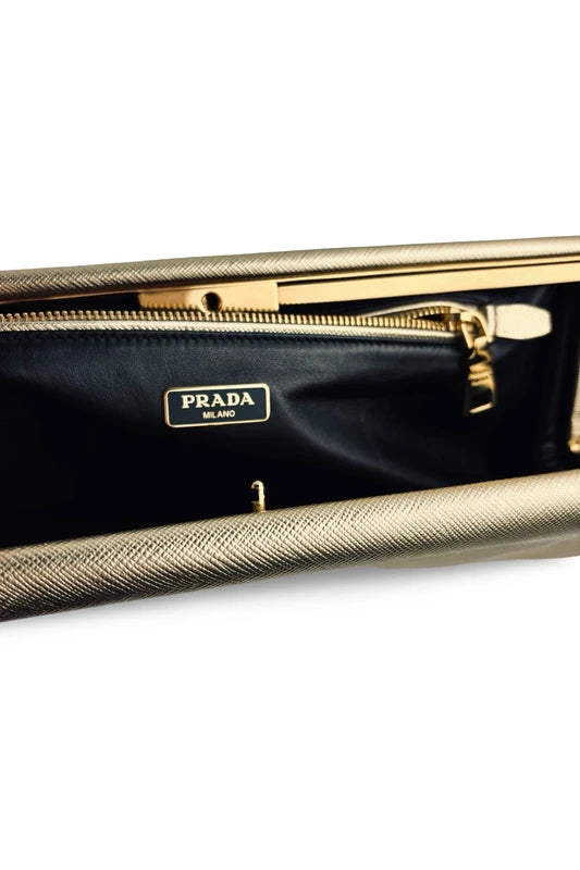 Prada Gold (Platino) Saffiano Lux Leather Metallic Clutch Evening Bag