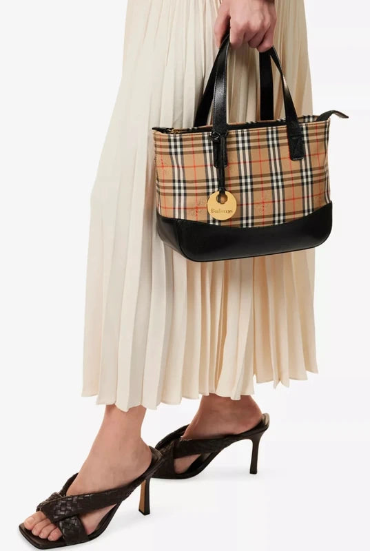 Burberry Haymarket Brown Beige Black Check Canvas & Leather Top Handle Shoulder Bag