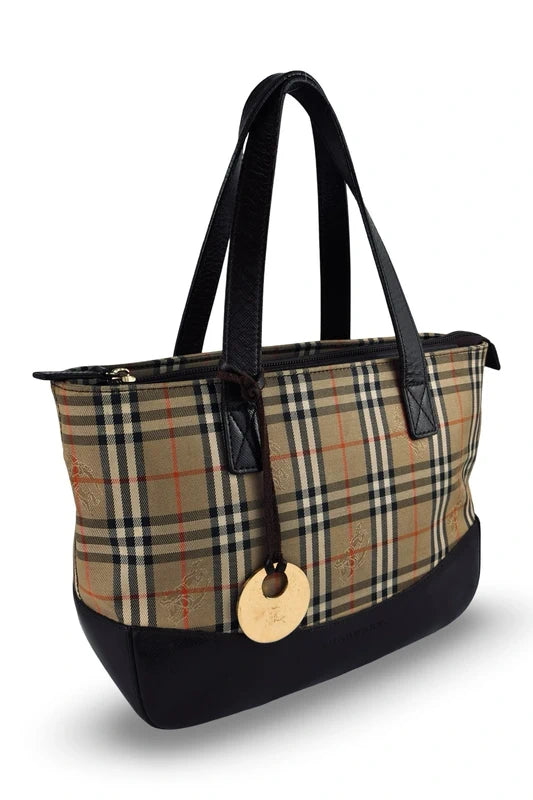 Burberry Haymarket Brown Beige Black Check Canvas & Leather Top Handle Shoulder Bag