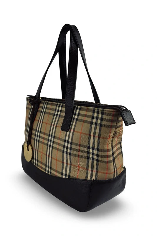 Burberry Haymarket Brown Beige Black Check Canvas & Leather Top Handle Shoulder Bag