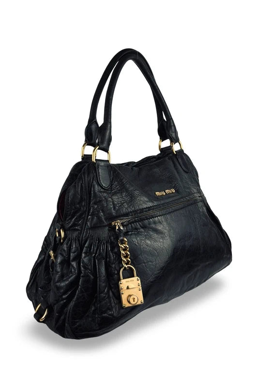 Miu Miu Mirtillo Nappa Leather Black Distressed Charm Shoulder Bag