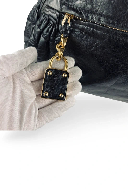 Miu Miu Mirtillo Nappa Leather Black Distressed Charm Shoulder Bag