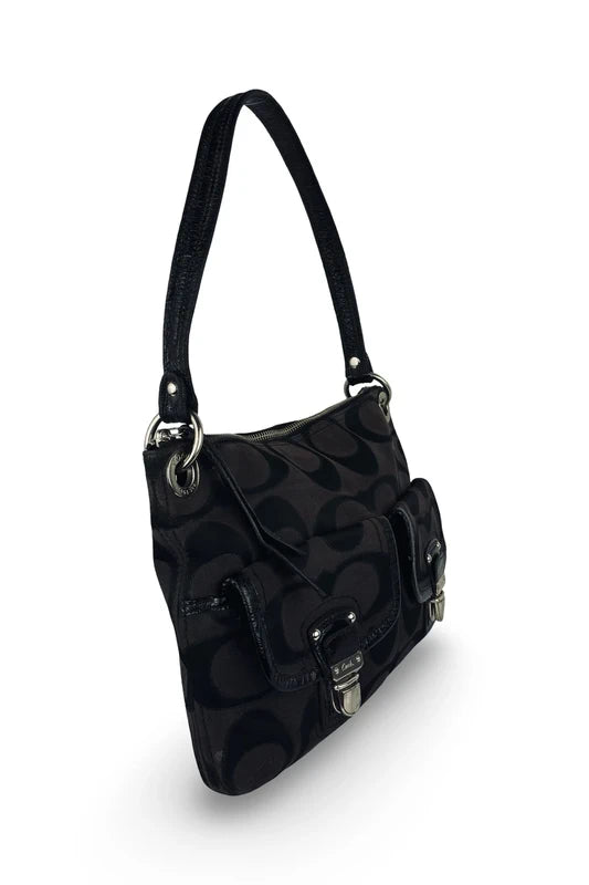 Coach Black & Brown Signature Canvas & Patent Leather Shoulder Bag