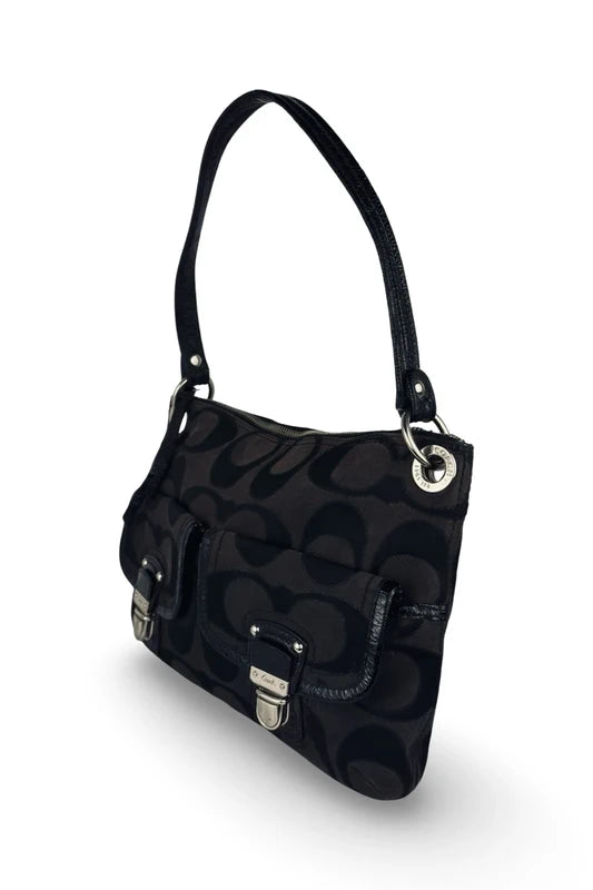 Coach Black & Brown Signature Canvas & Patent Leather Shoulder Bag