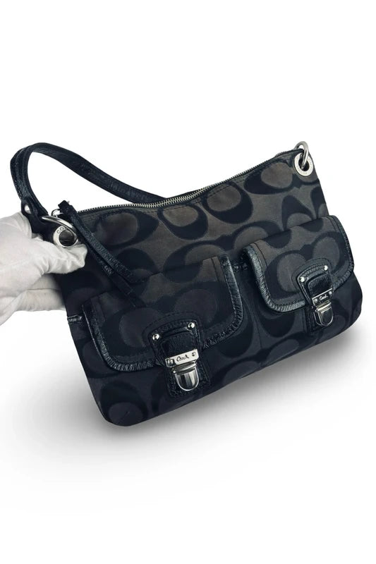 Coach Black & Brown Signature Canvas & Patent Leather Shoulder Bag