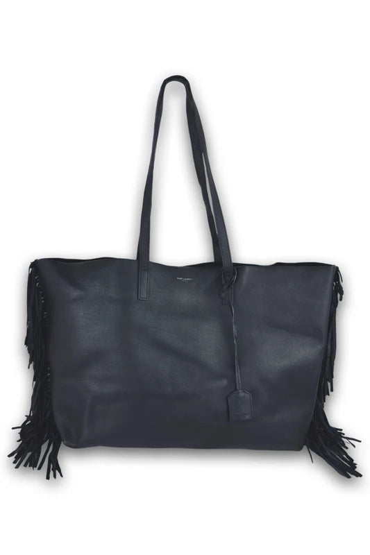 Yves Saint Laurent Fringe Black Leather East West Tote Shoulder Bag