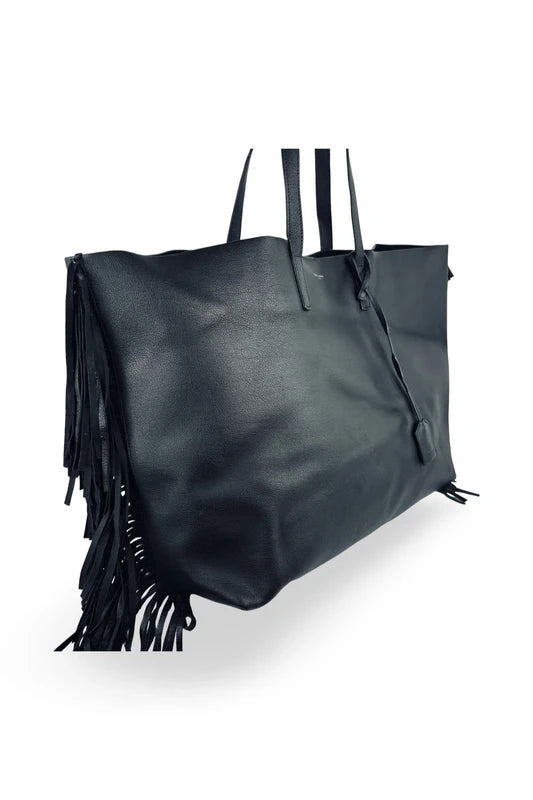 Yves Saint Laurent Fringe Black Leather East West Tote Shoulder Bag