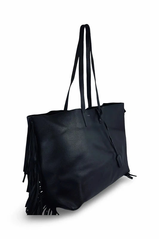 Yves Saint Laurent Fringe Black Leather East West Tote Shoulder Bag