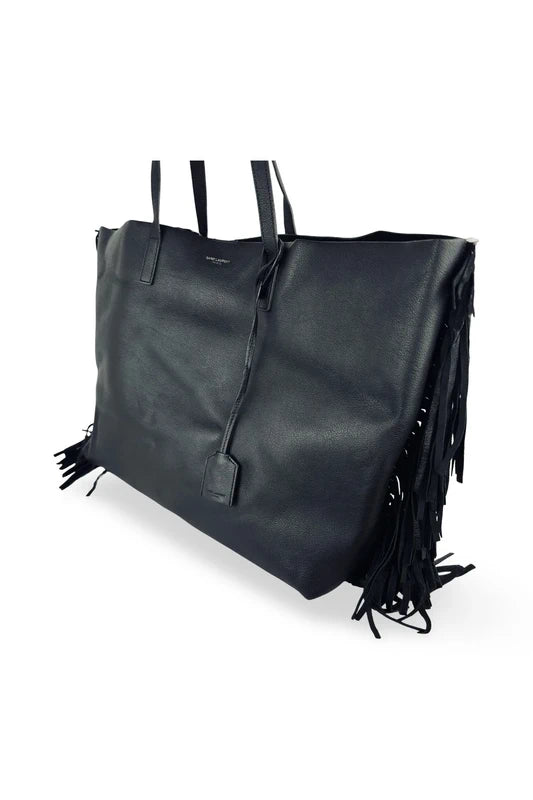 Yves Saint Laurent Fringe Black Leather East West Tote Shoulder Bag